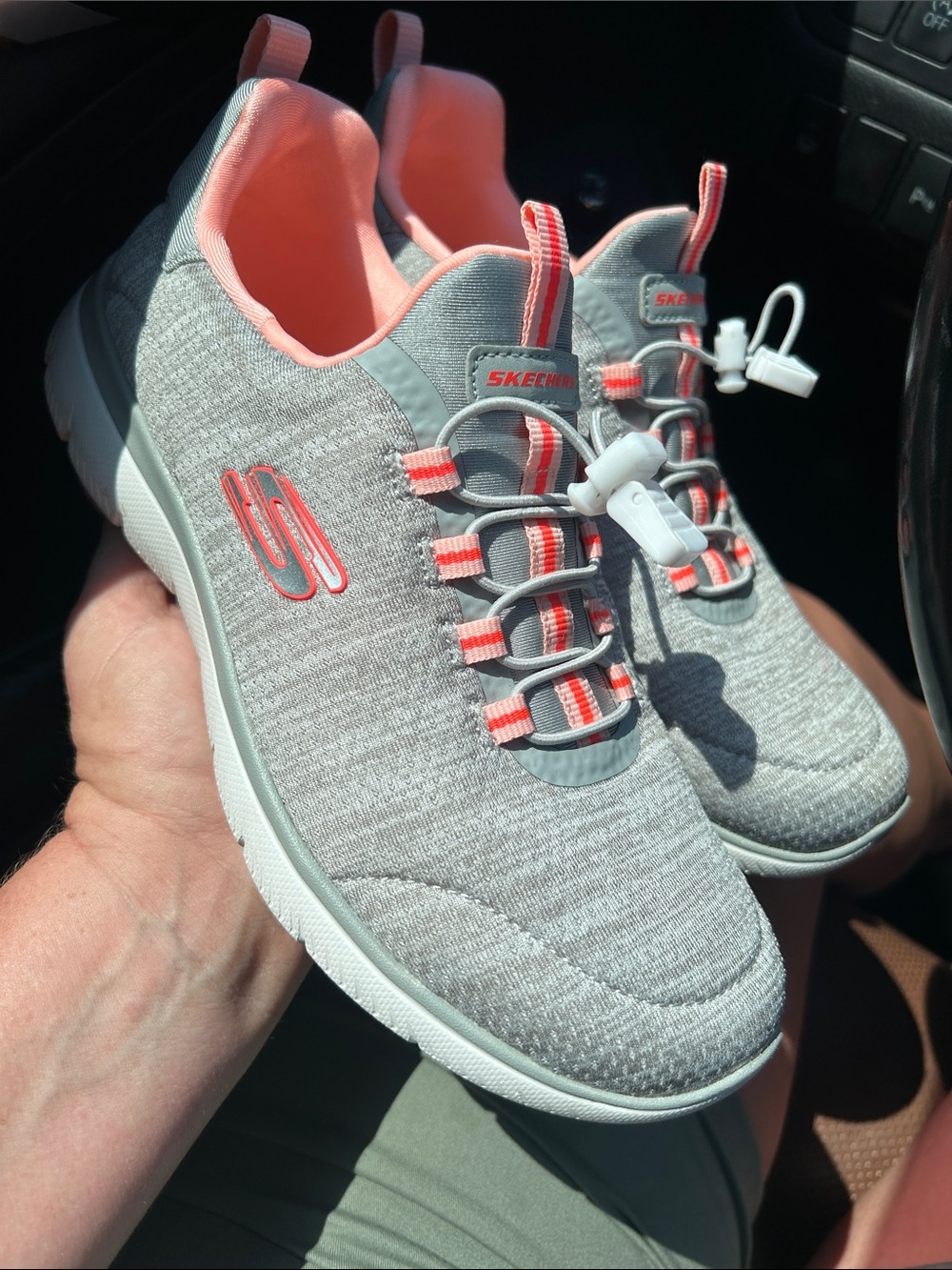 Skechers womans Gray & Coral Slip-On Athletic Shoes. They are in very good shape